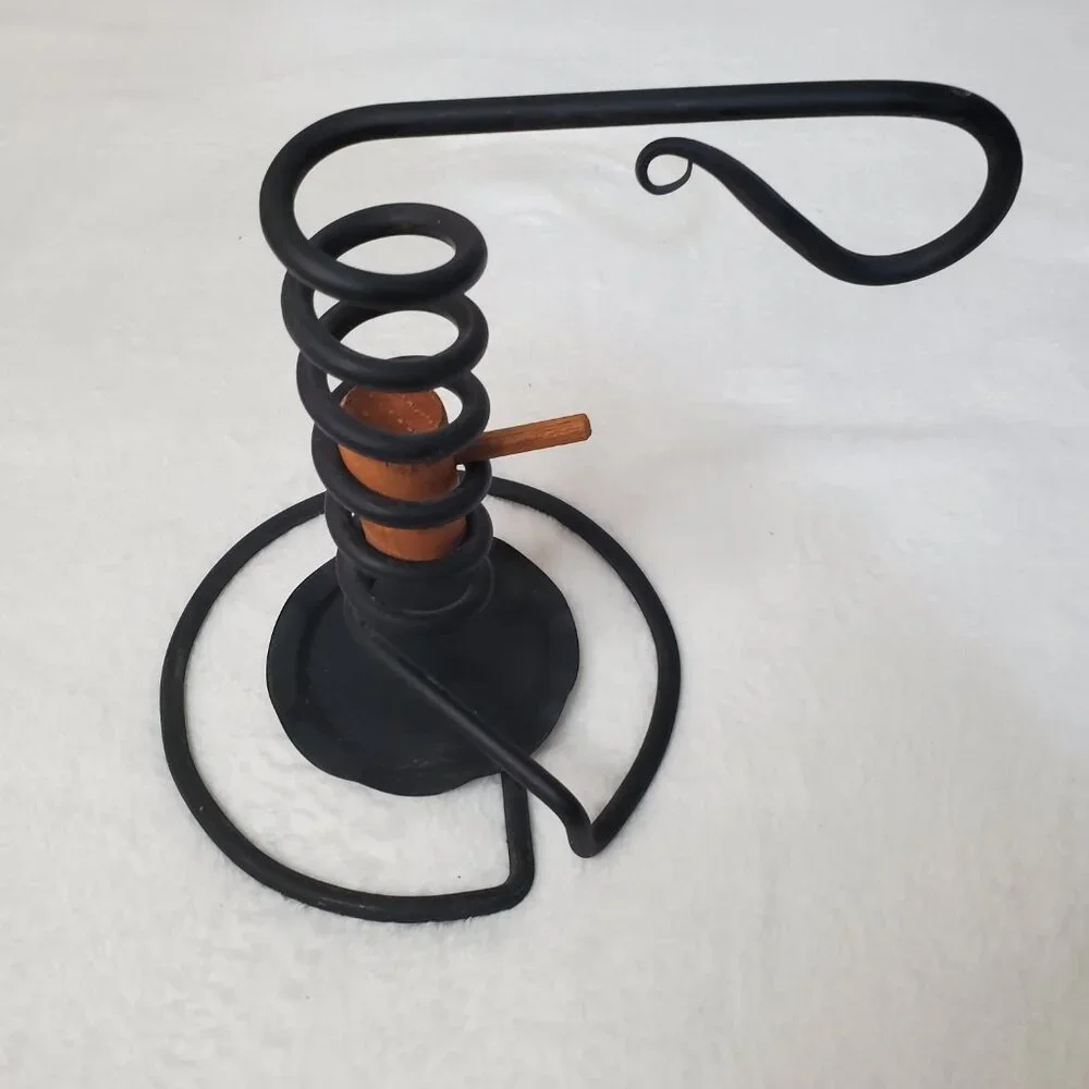 Black Wrought Iron Spiral Courting Coil Candle Holder with Drip Pan Primitive